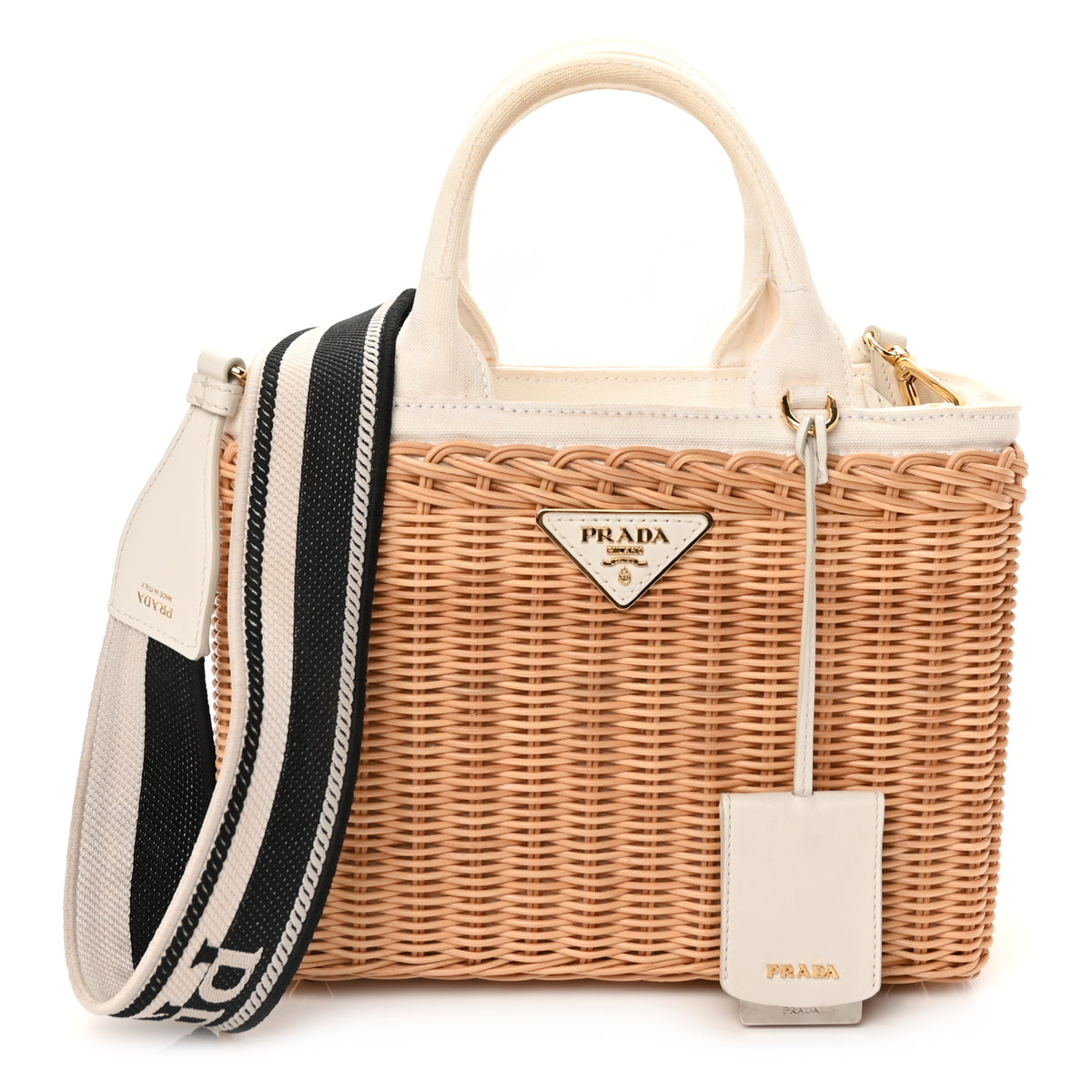 Prada Wicker Canvas Tote Naturale White | Luxe Collective