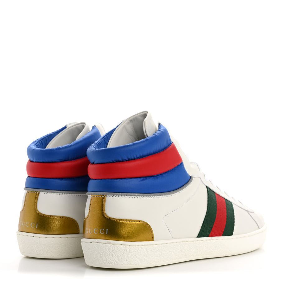 Gucci Calfskin Web Mens Ace High Top Sneakers 9 White Bright Splash Image 5