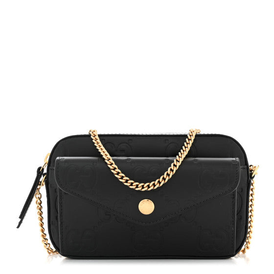 Gucci Calfskin GG Super Mini Debossed Chain Wallet Black Image 1