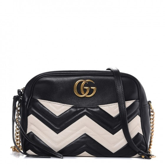 Gucci Calfskin Matelasse Medium GG Marmont Chain Shoulder Bag Black White Image 1