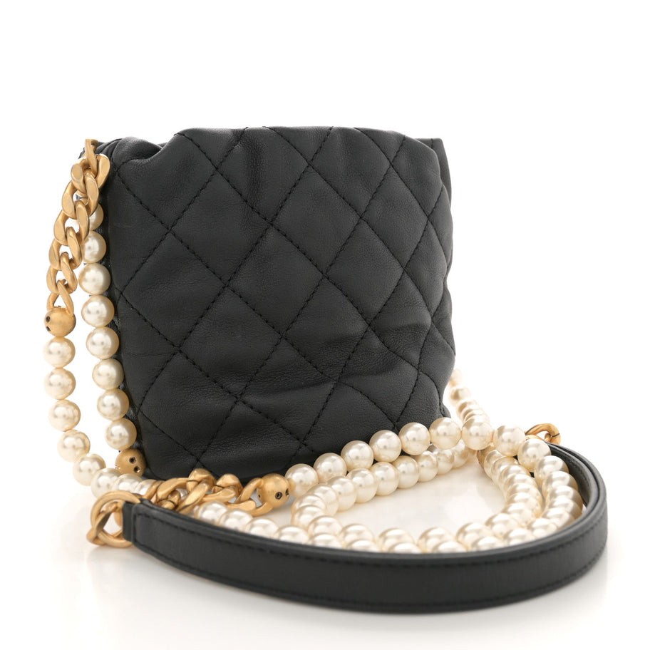 Chanel Calfskin Quilted Pearl Mini About Pearls Drawstring Bucket Bag Black Image 3