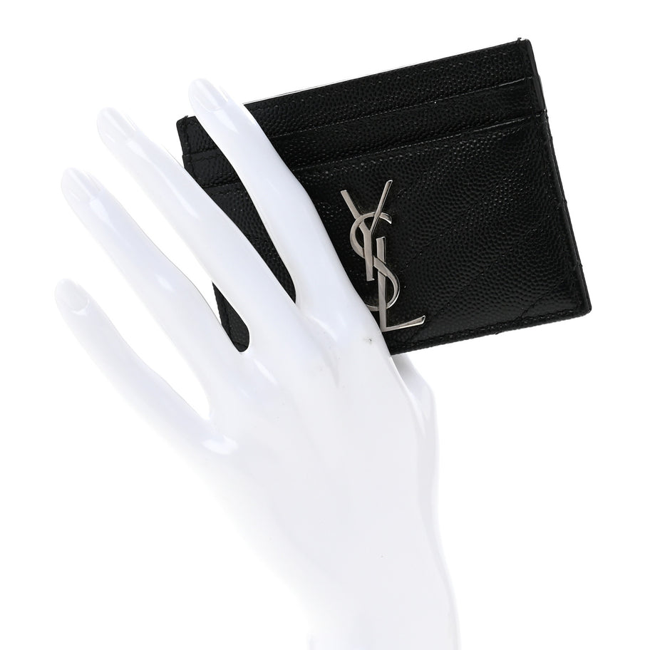 Saint Laurent Grain De Poudre Matelasse Chevron Monogram Credit Card Case Black Image 2