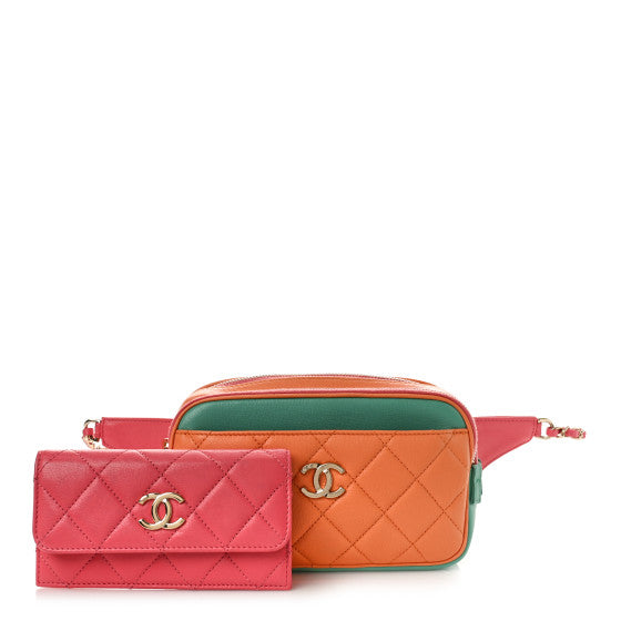 Chanel Goatskin Quilted Tri-Color In & Out Waist Bag Orange Green Pink Image 1