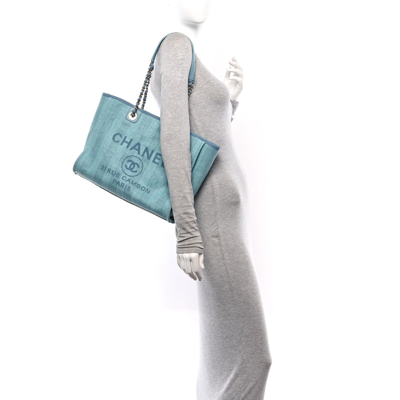  Chanel Mixed Fibers Striped Small Deauville Tote Blue