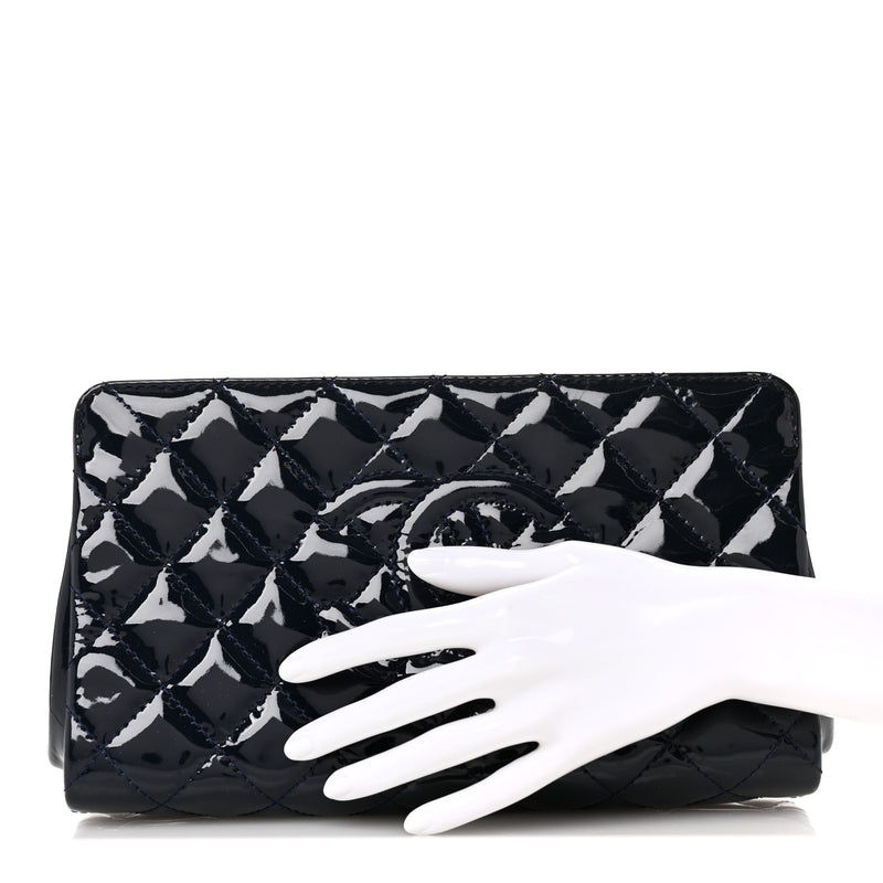  Chanel Patent CC Quilted Timeless Clutch Navy