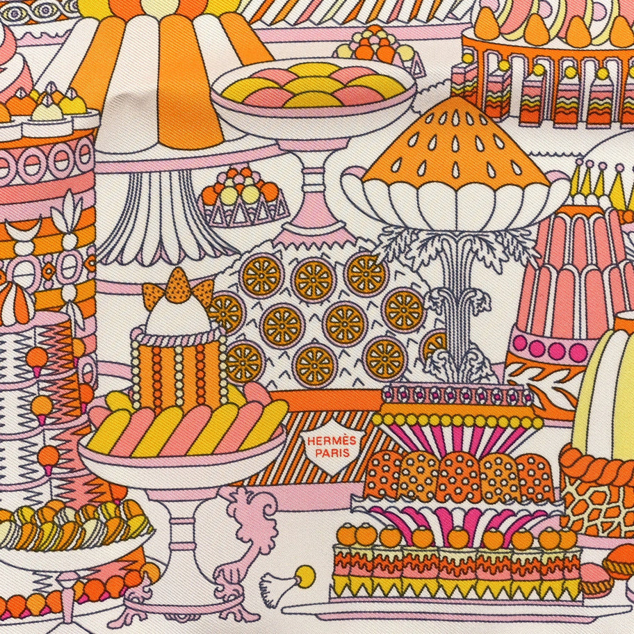 Hermes Silk La Patisserie Francaise Scarf 45 White Orange Jaune Image 2