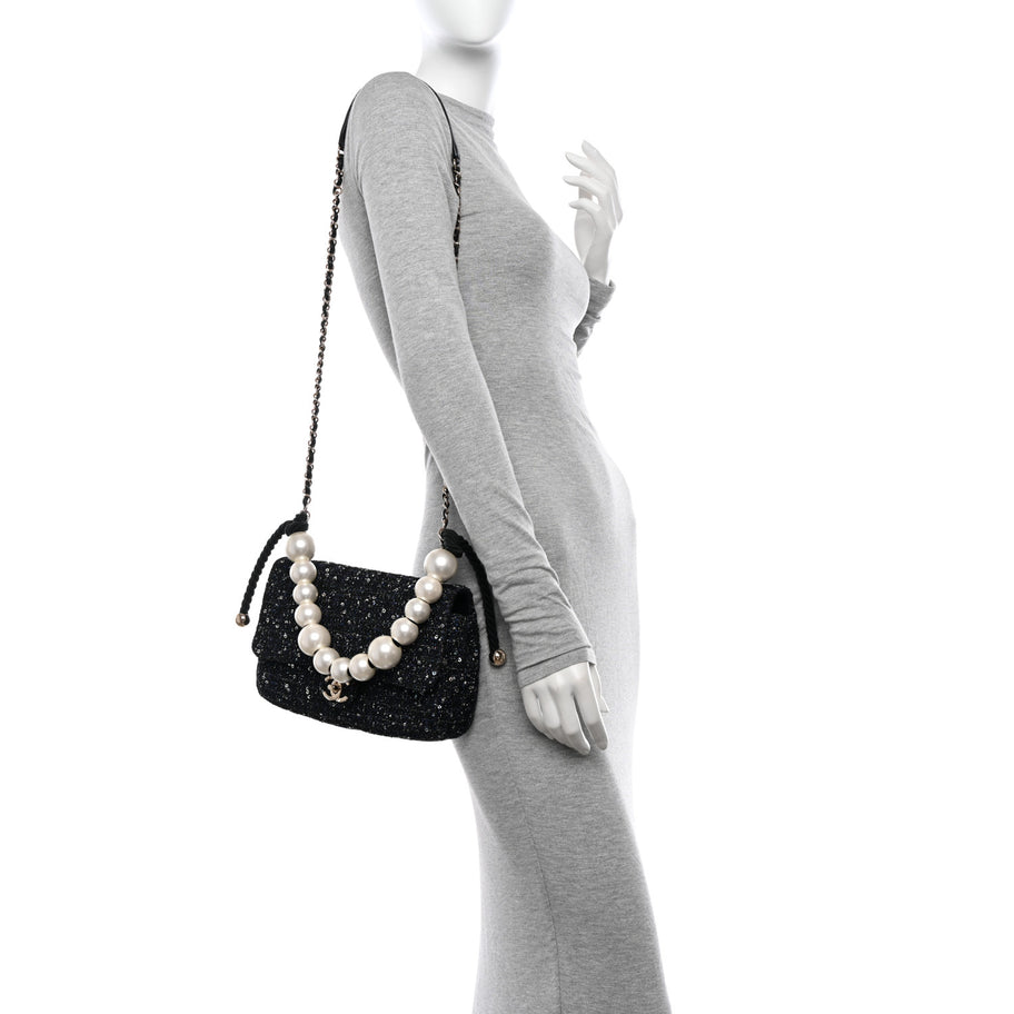 Chanel Tweed Medium Pearl Handle Flap Black Ecru Image 2