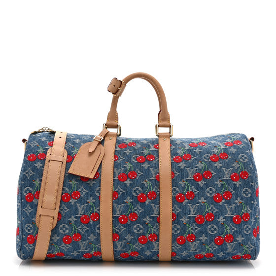 Louis Vuitton LV TM Monogram Denim Cerises Keepall Bandouliere 45 Blue Image 1