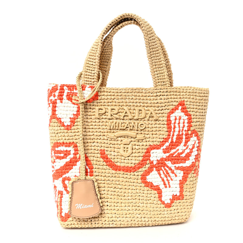  Prada Raffia Floral Small Logo Tote Naturale Arancio Naturale Arancio