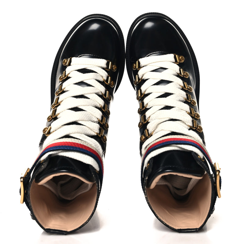  Gucci Calfskin Sylvie Web Lace Up Combat Boots 35 Black