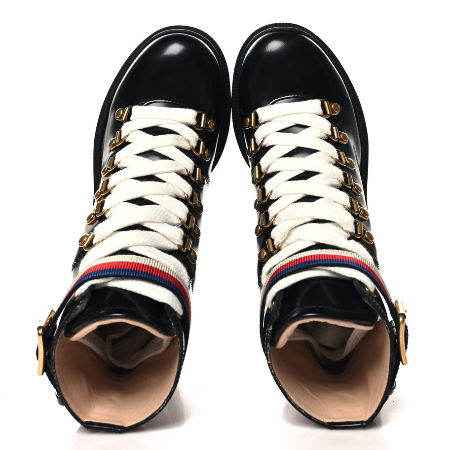 Gucci Calfskin Sylvie Web Lace Up Combat Boots 35 Black Image 2