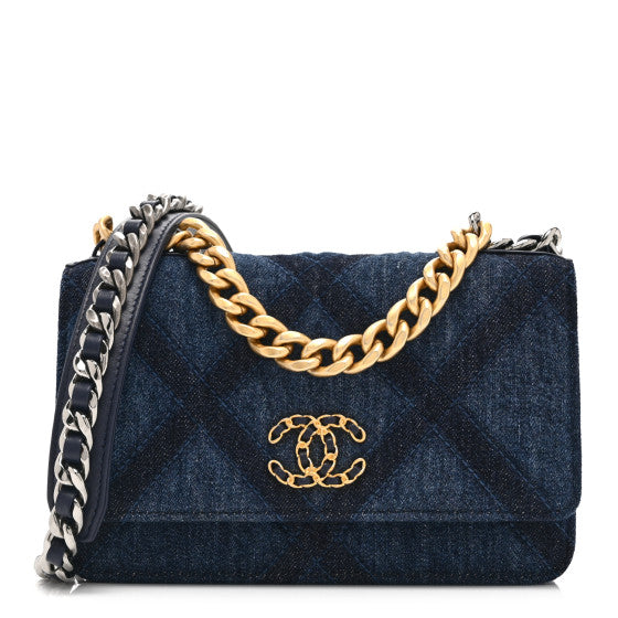Chanel Denim Quilted 19 Wallet On Chain WOC  Blue Image 1