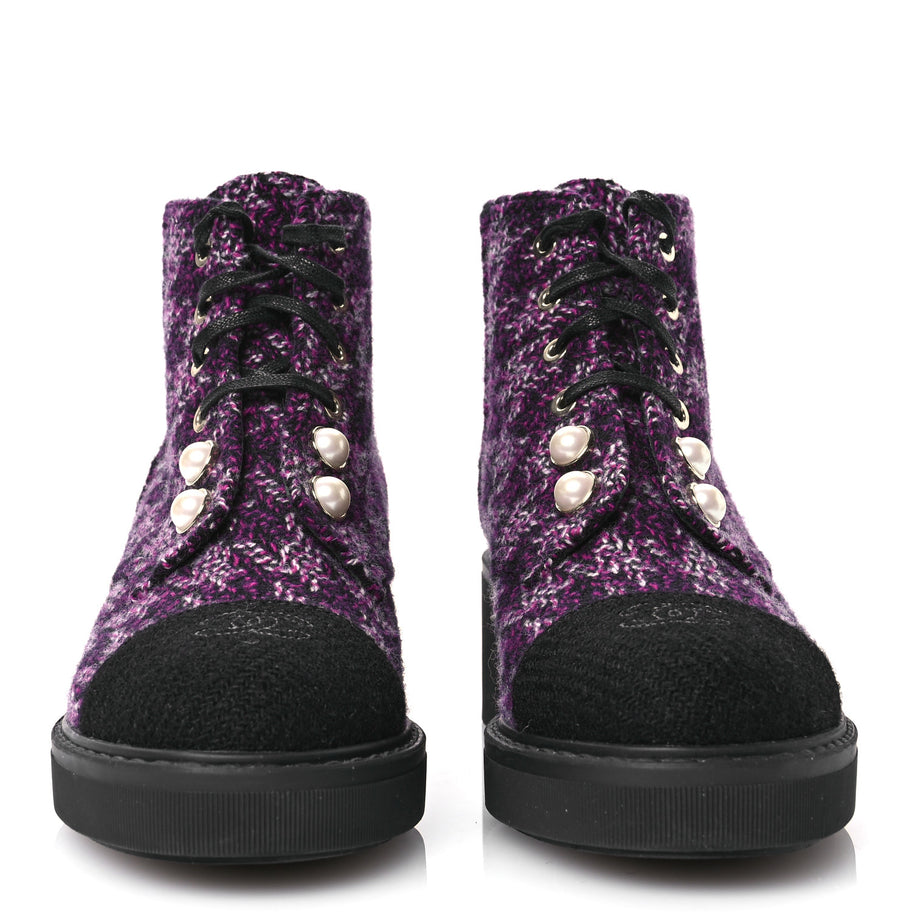 Chanel Tweed Pearl Combat Short Boots 38 Purple Black Image 2