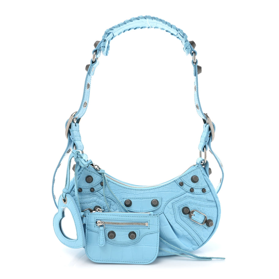 Balenciaga Extra Supple Calfskin Crocodile Embossed Le Cagole Shoulder Bag XS Sky Blue Image 1