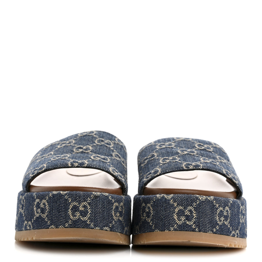 Gucci New Denim GG Monogram Angelina Platform 55mm Slide Sandals 36.5 Blue Tea Image 3