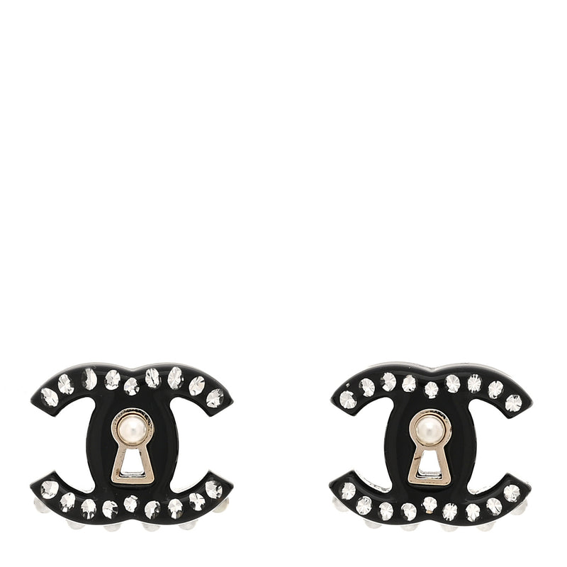  Chanel Resin Crystal Pearl CC Earrings Black