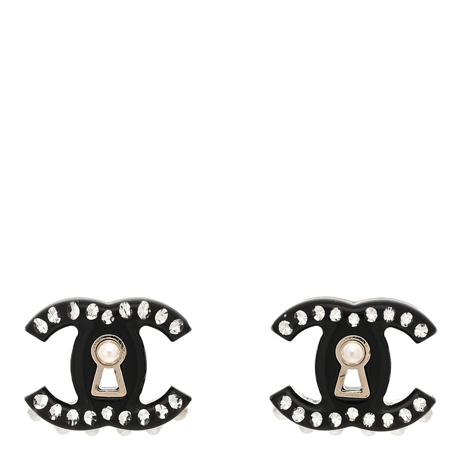 Chanel Resin Crystal Pearl CC Earrings Black Image 1
