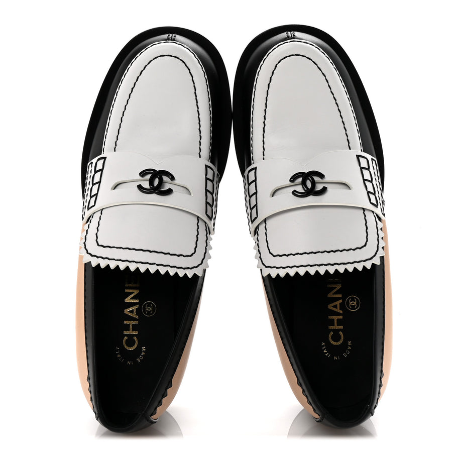 Chanel Calfskin CC Loafers 38 Black White Beige Image 2