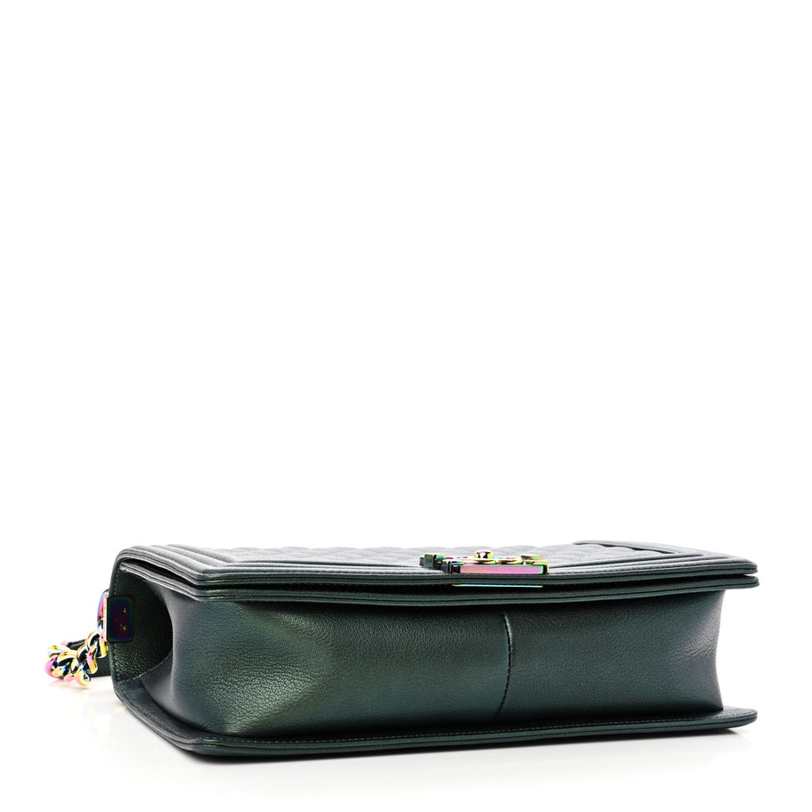 Chanel Iridescent Goatskin Quilted New Medium Boy Flap Green Image 4