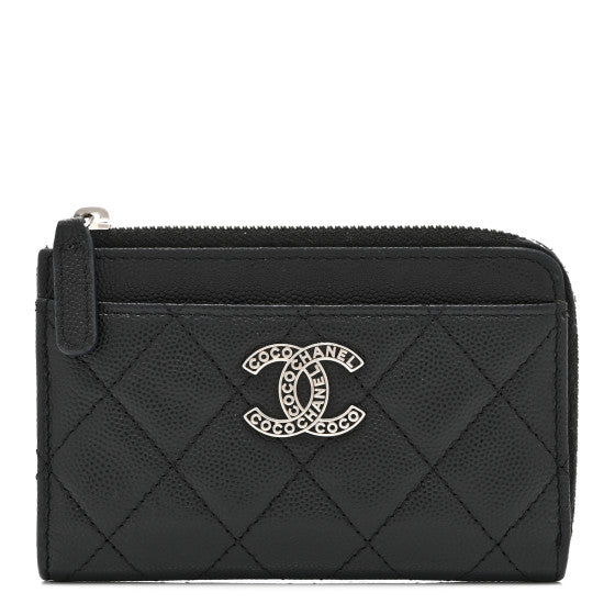  Chanel Caviar Quilted CC Logo Zip Around Card Holder Black