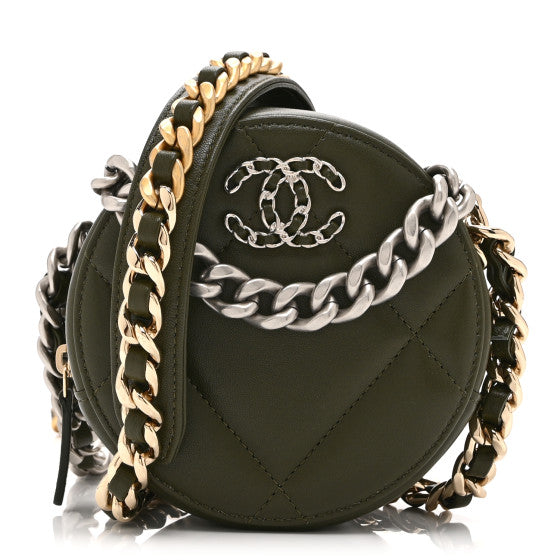  Chanel Lambskin Quilted 19 Round Clutch With Chain Green