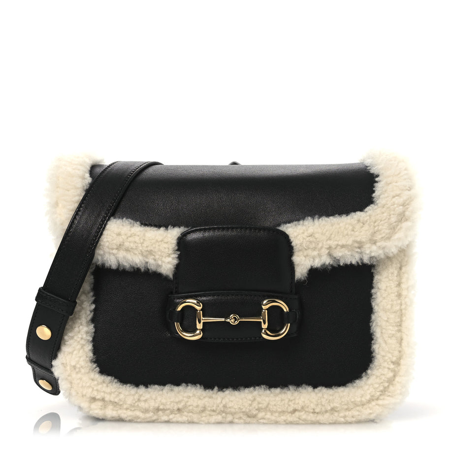 Gucci Sakai Be Green Calfskin Shearling Horsebit 1955 Shoulder Bag Black Image 1
