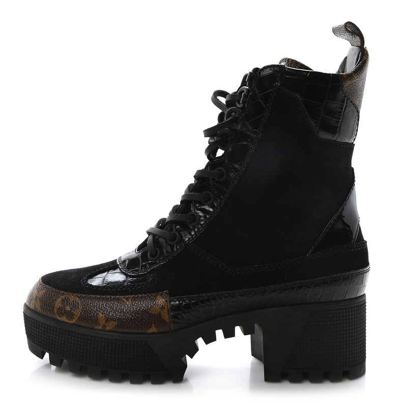  Louis Vuitton Suede Calfskin Monogram Laureate Platform Desert Boots Black
