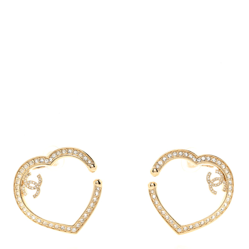  Chanel Metal Crystal CC Open Heart Earrings Gold