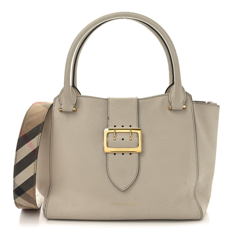  Burberry Soft Grain Calfskin Medium Buckle Tote Limestone