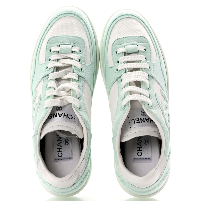  Chanel Cotton Sneakers 38.5 Light Turquoise White