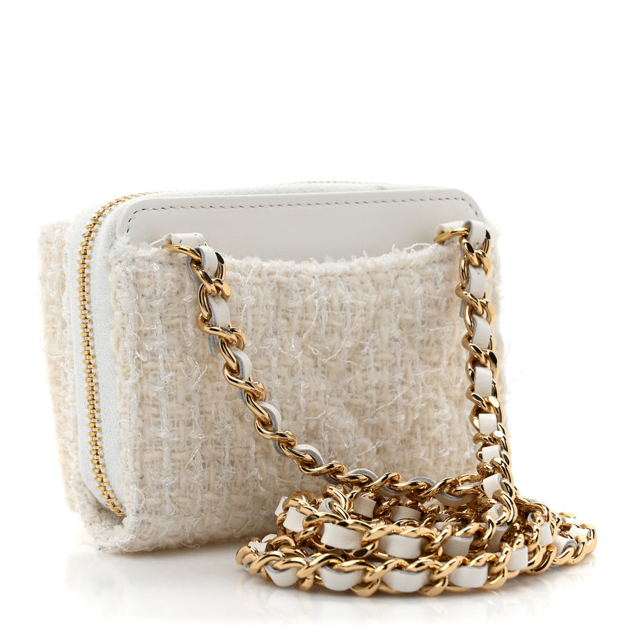 Chanel Tweed Quilted Bow Flap Card Holder On Chain White Image 3