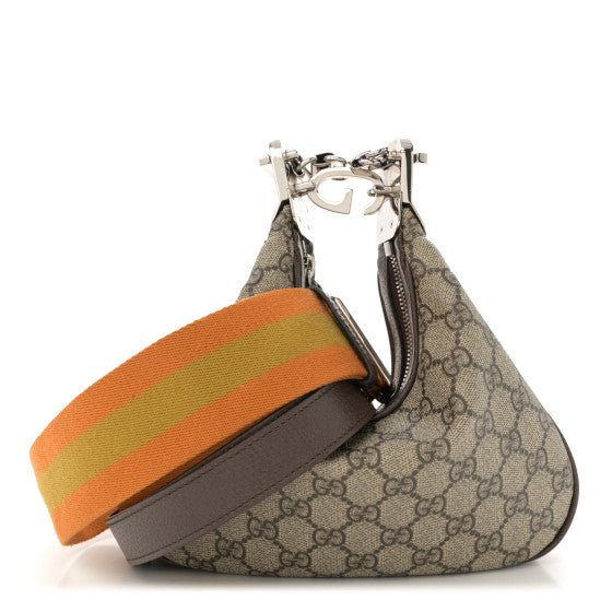  Gucci GG Supreme Monogram Textured Calfskin Web Small Attache Shoulder Bag Beige Ebony New Acero