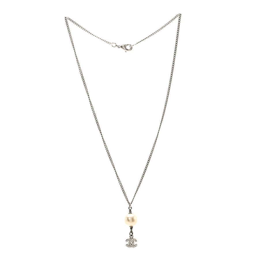 Chanel Pearl Crystal CC Pendant Necklace Silver Image 3