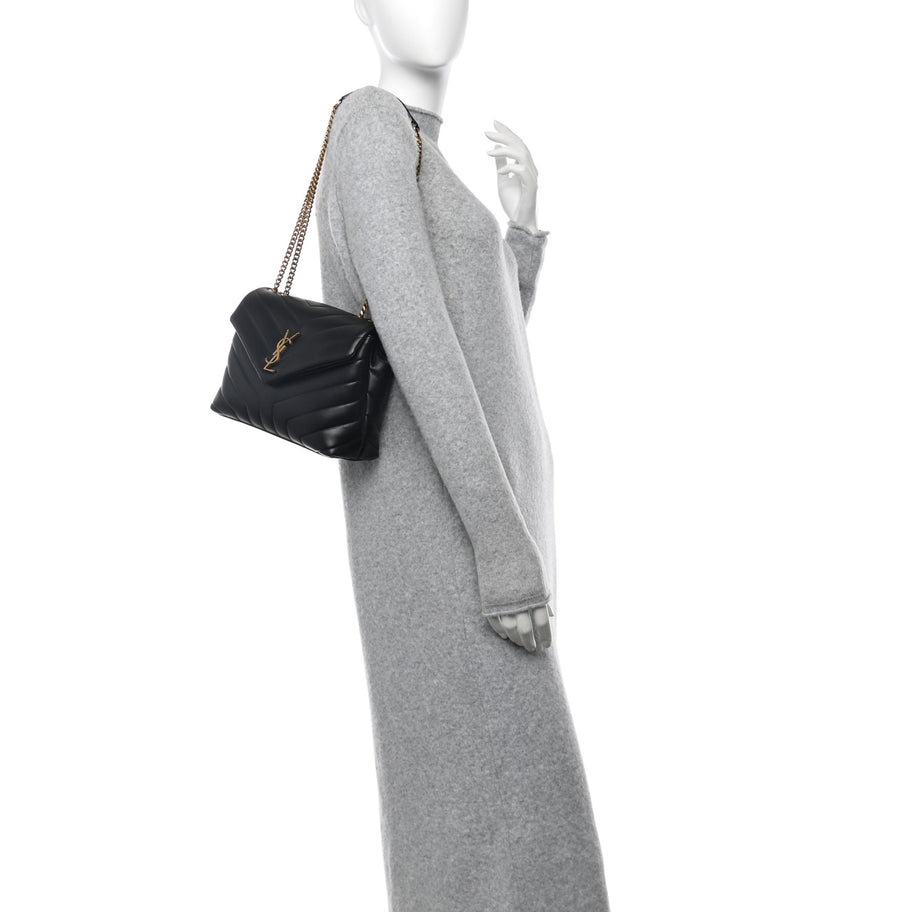 Saint Laurent Calfskin Y Quilted Monogram Small Loulou Chain Satchel Black Image 2