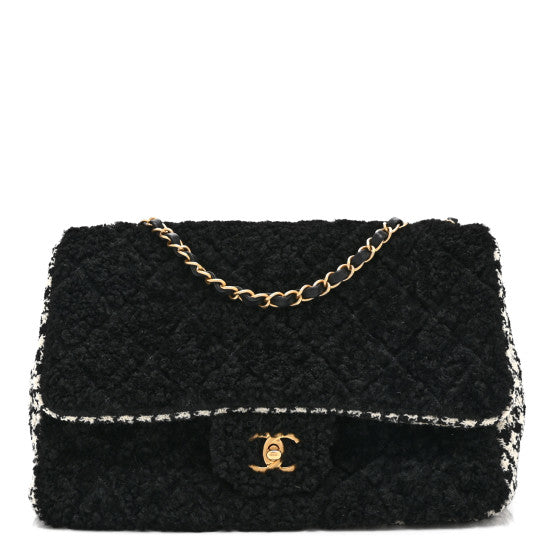 Chanel Shearling Tweed Jumbo Single Flap Black White Image 1