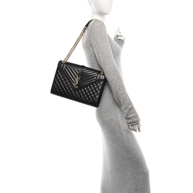  Saint Laurent Grain De Poudre Textured Mixed Matelasse Large Triquilt Monogram Satchel Black