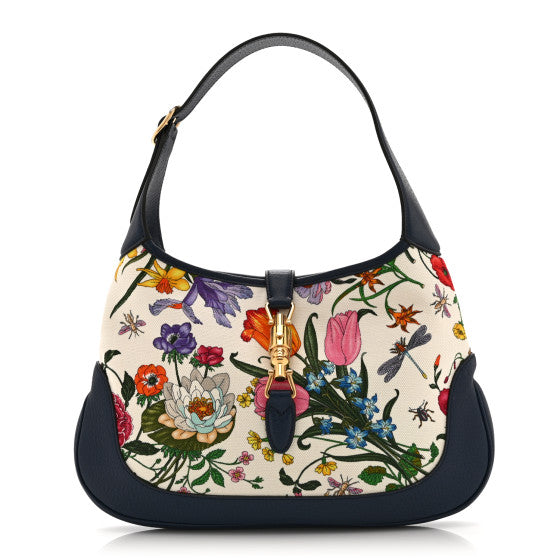 Gucci Canvas Flora Medium Jackie Hobo Blue Agata Image 1