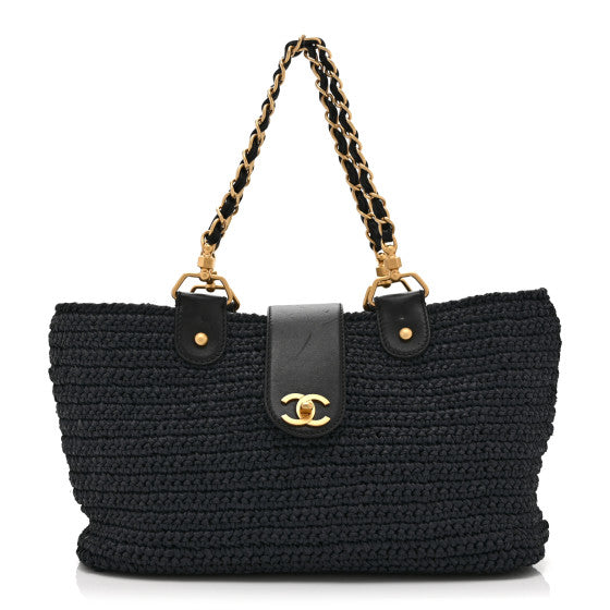  Chanel Straw Raffia Tote Black