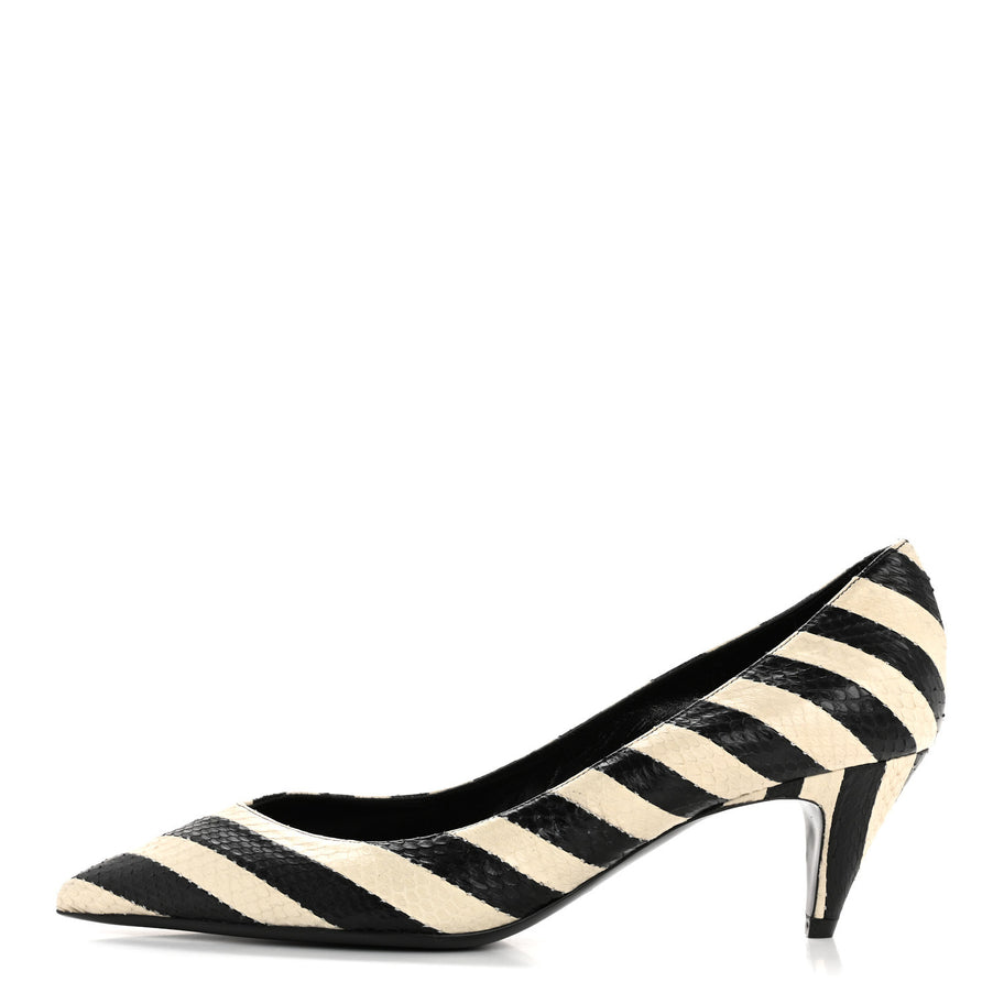 Saint Laurent Elaphe Snakeskin Striped Kiki Kitten Heel Pumps 38.5 Black Off White Image 1