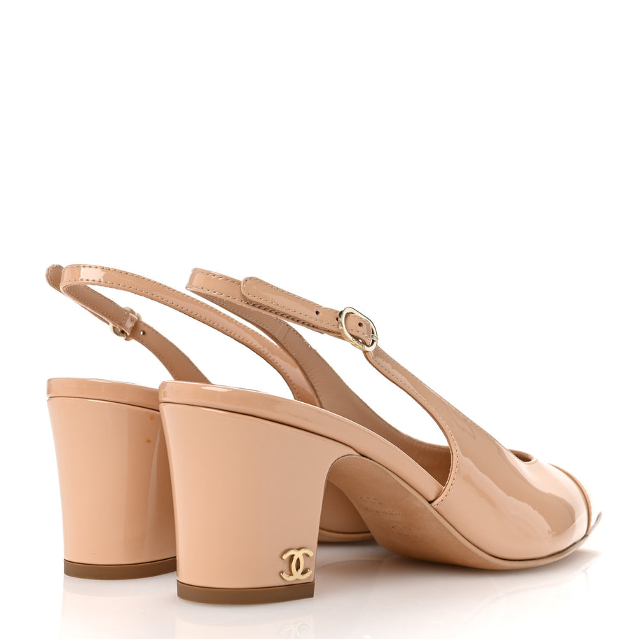 Chanel Patent Calfskin Cap Toe CC Slingback Pumps 38 Beige Image 5