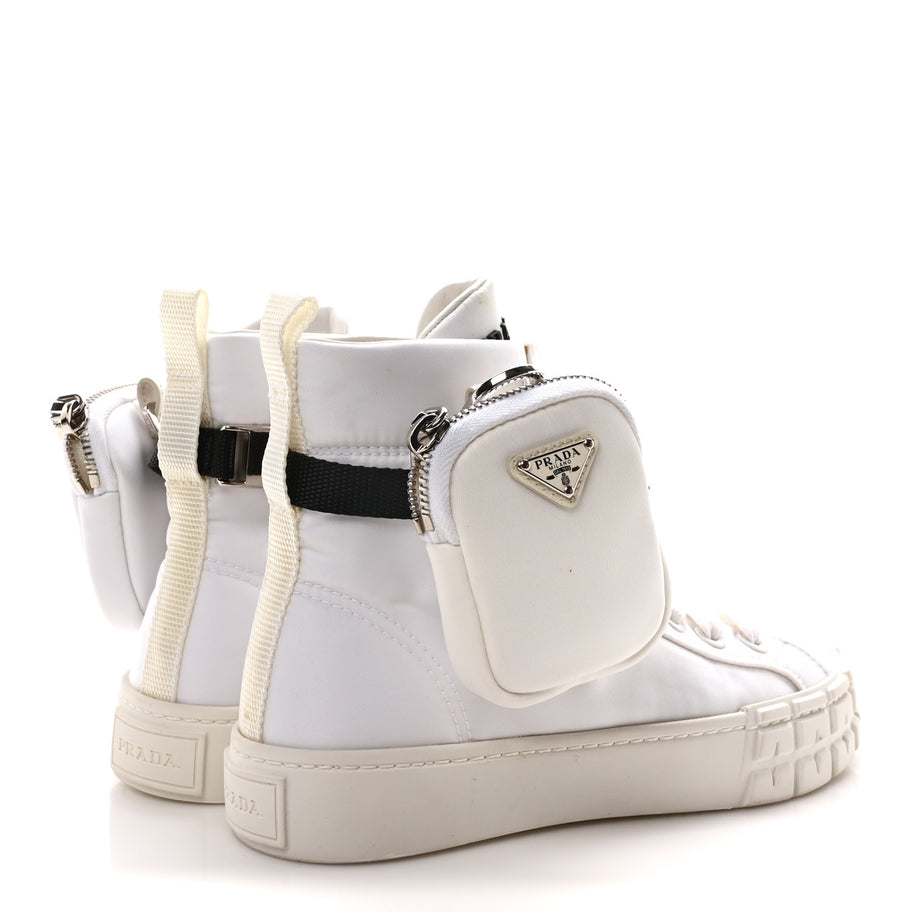 Prada Re-Nylon Gabardine Metal Triangle Logo Wheel Pouch Pocket High Top Sneakers 35.5 White Image 5