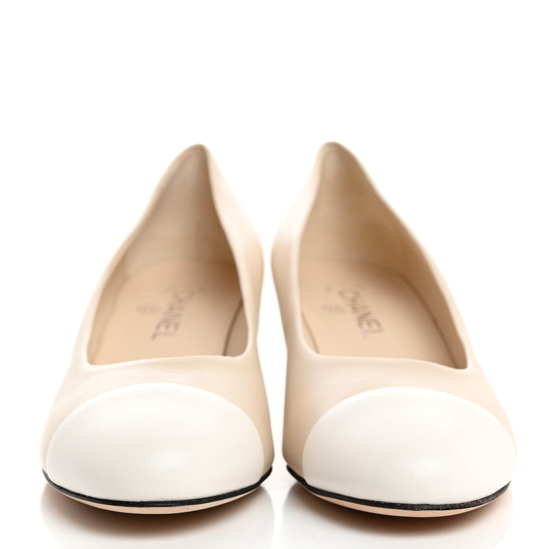  Chanel Lambskin CC Cap Toe Chain Pumps 41 Light Beige White