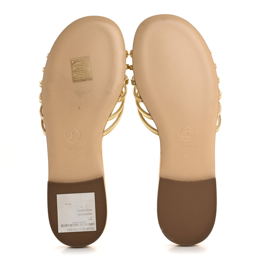 Chanel Laminated Lambskin Camellia CC Slide Sandals 36 Golden Image 6