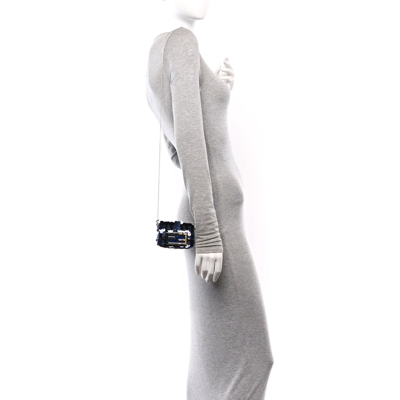  Fendi Sequin Paillettes Shiny Nappa Sex and the City Nano Maxi Buckle Baguette Charm Blue