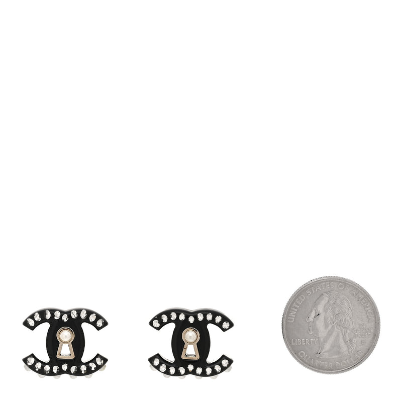 Chanel Resin Crystal Pearl CC Earrings Black