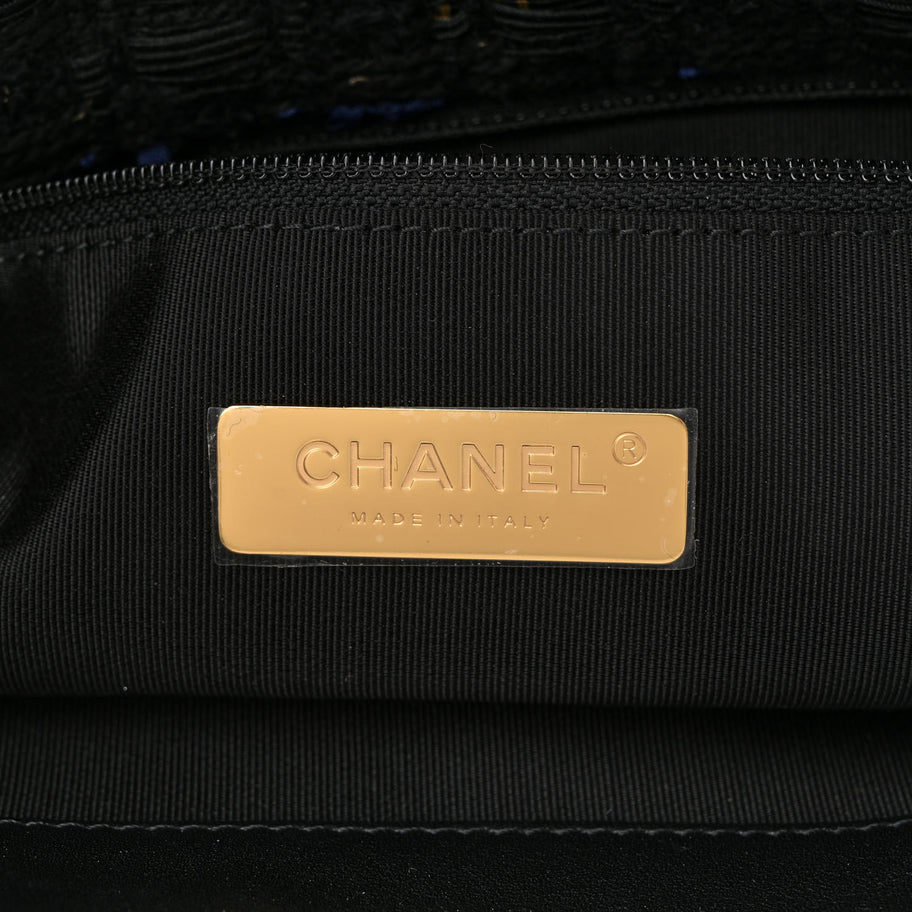 Chanel Tweed Quilted Large 19 Flap Black Navy Gold Image 6