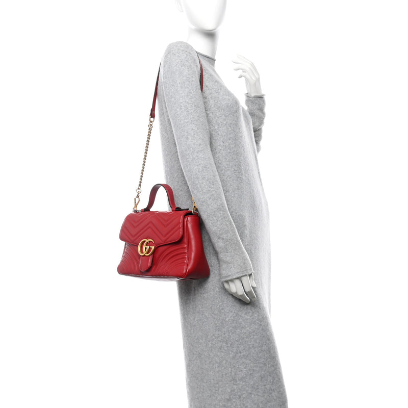  Gucci Calfskin Matelasse Small GG Marmont Top Handle Shoulder Bag Hibiscus Red