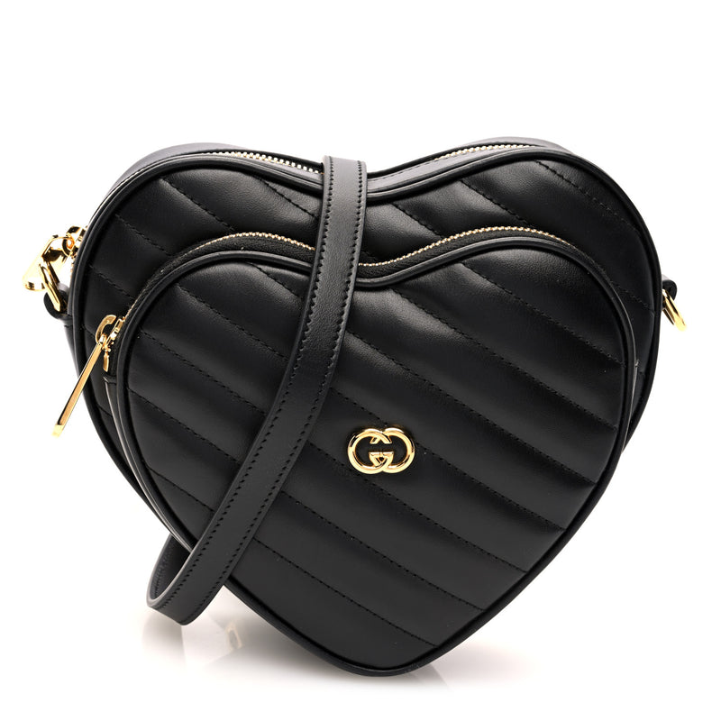 Gucci Calfskin Matelasse Diagonal Mini Interlocking G Heart Shoulder Bag Black