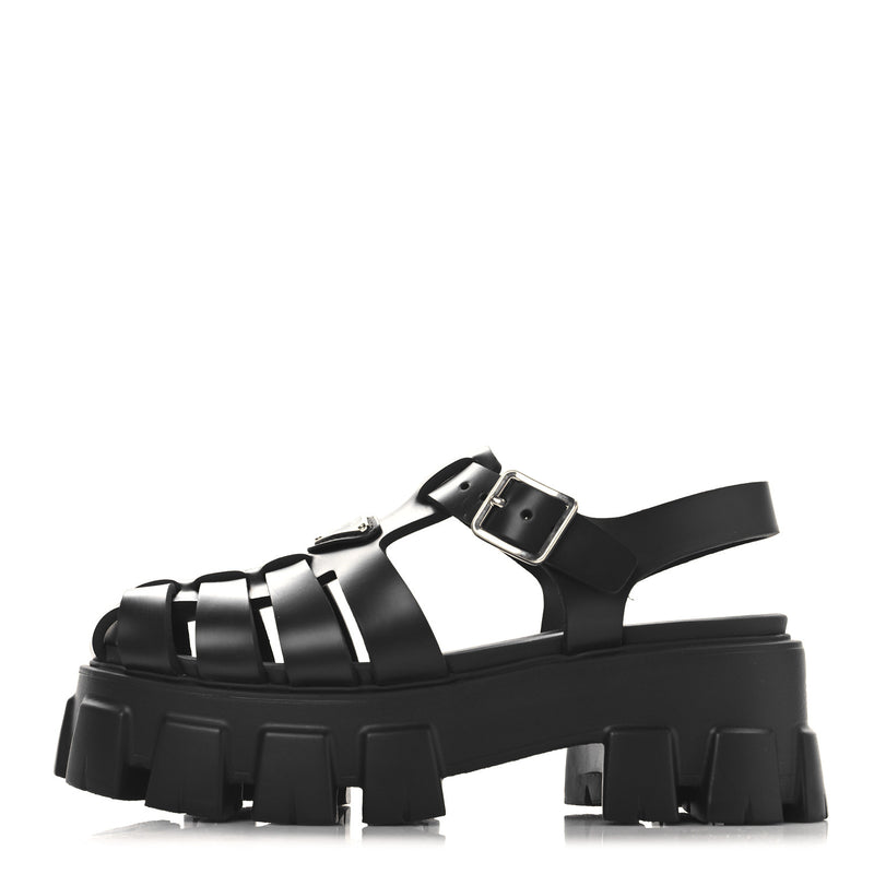  Prada Foam Rubber Triangle Logo Monolith 55mm Cage Sandals 36 Black
