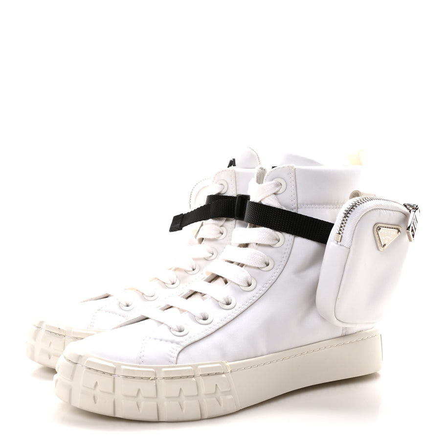 Prada Re-Nylon Gabardine Metal Triangle Logo Wheel Pouch Pocket High Top Sneakers 35.5 White Image 4